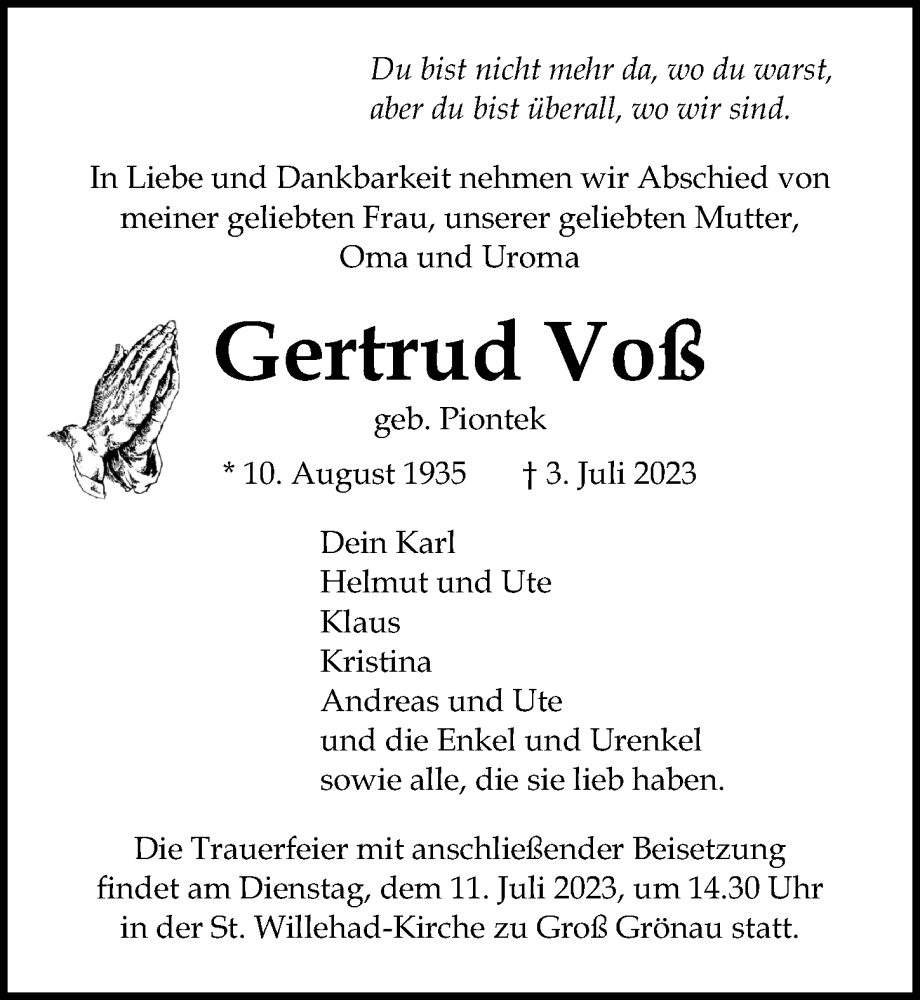  Traueranzeige für Gertrud Voß vom 09.07.2023 aus Lübecker Nachrichten