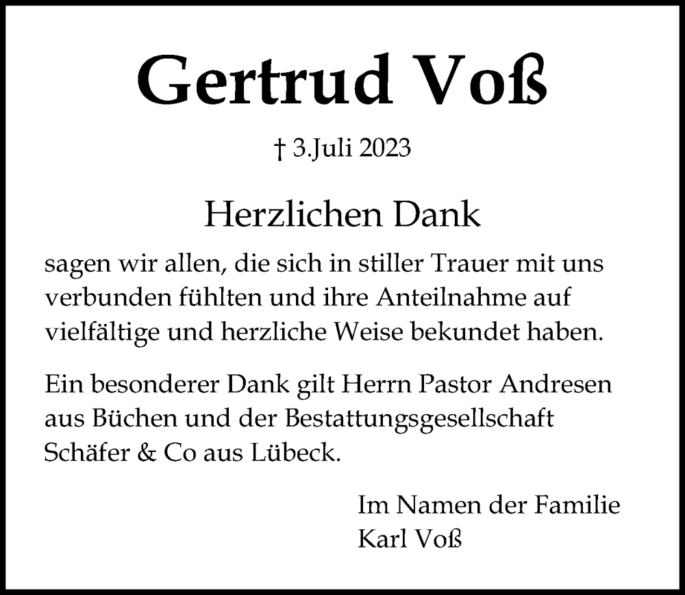  Traueranzeige für Gertrud Voß vom 23.07.2023 aus Lübecker Nachrichten