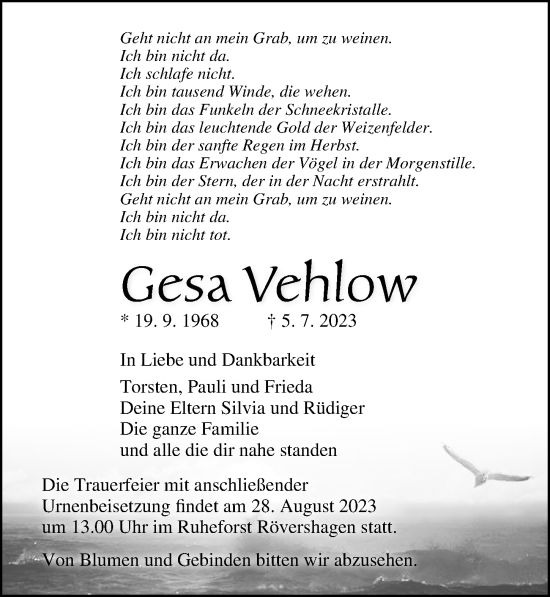Traueranzeige von Gesa Vehlow von Ostsee-Zeitung GmbH