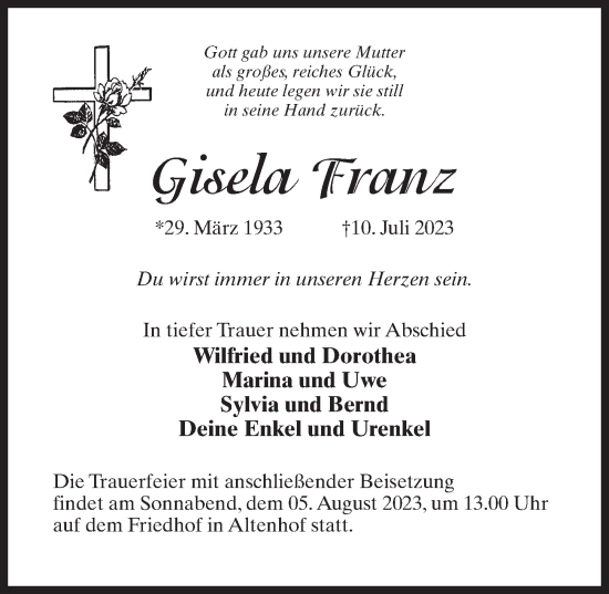 Traueranzeige von Gisela Franz