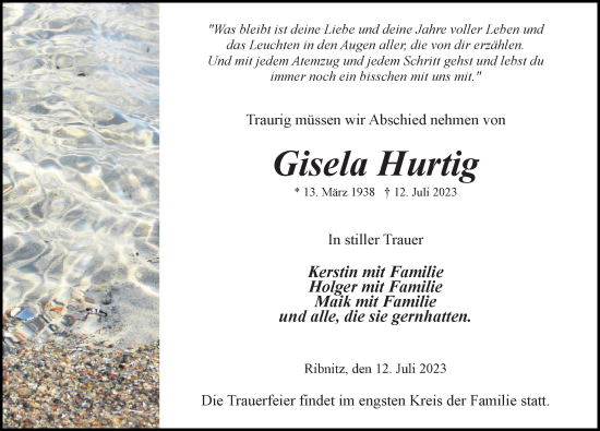 Traueranzeige von Gisela Hurtig von Ostsee-Zeitung GmbH