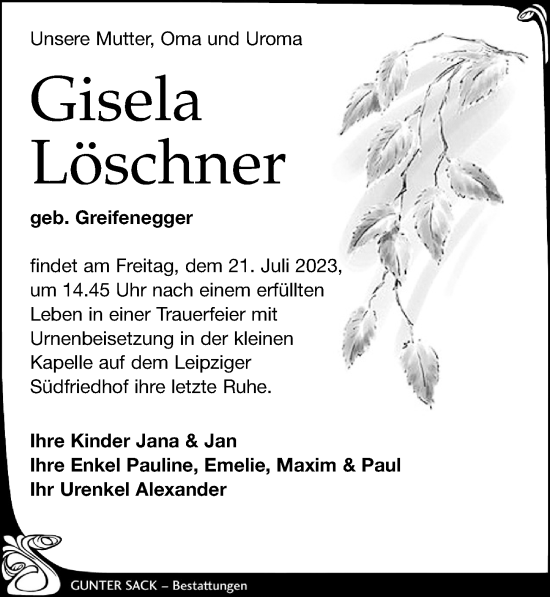 Traueranzeige von Gisela Löschner von Leipziger Volkszeitung