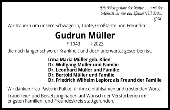 Traueranzeige von Gudrun Müller von Hannoversche Allgemeine Zeitung/Neue Presse