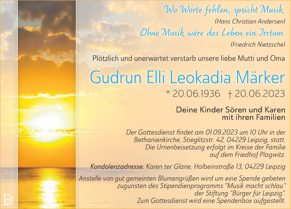  Traueranzeige für Gudrun Elli Leokadia Märker vom 22.07.2023 aus Leipziger Volkszeitung