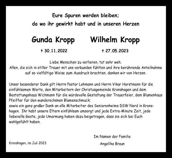 Traueranzeige von Gunda Kropp von Kieler Nachrichten