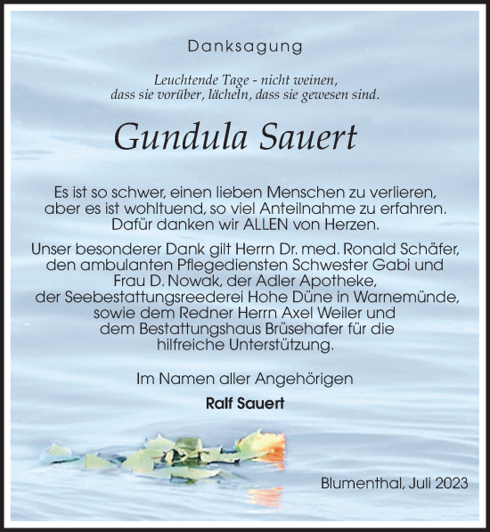 Traueranzeige von Gundula Sauert