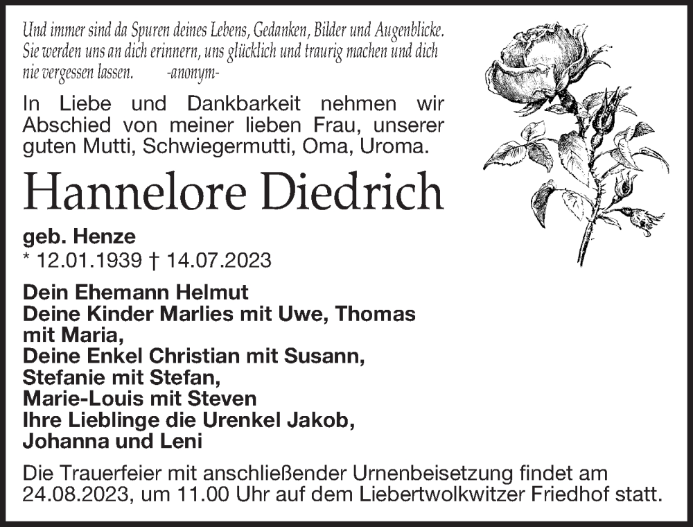  Traueranzeige für Hannelore Diedrich vom 29.07.2023 aus Leipziger Volkszeitung