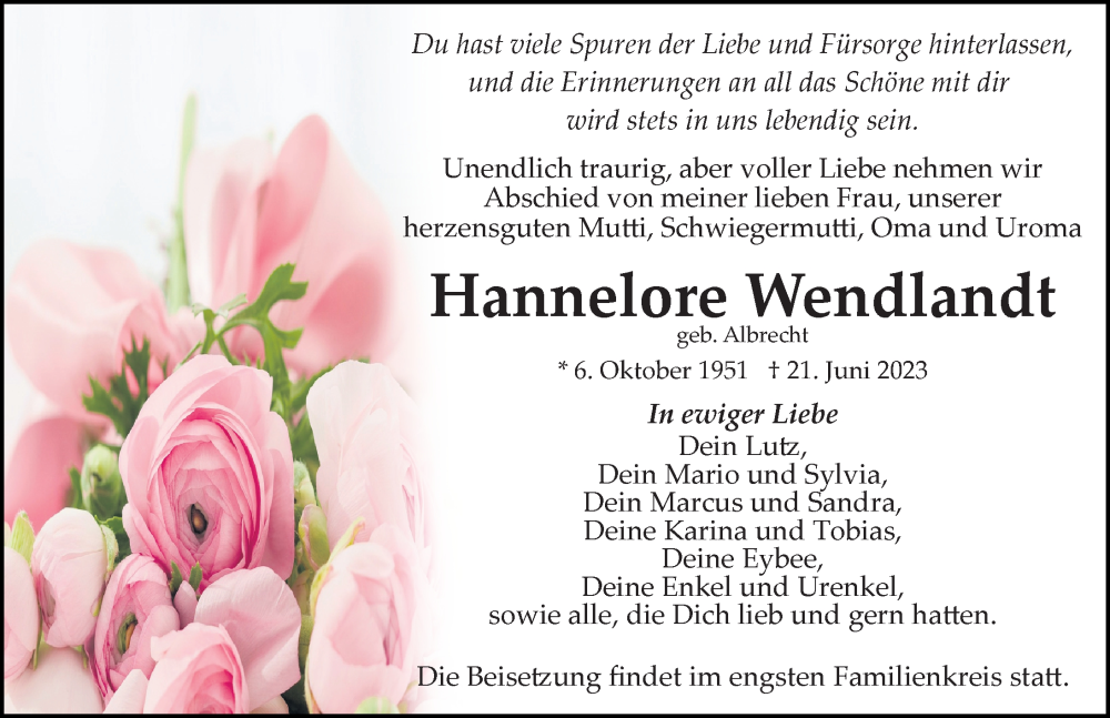  Traueranzeige für Hannelore Wendlandt vom 08.07.2023 aus Ostsee-Zeitung GmbH