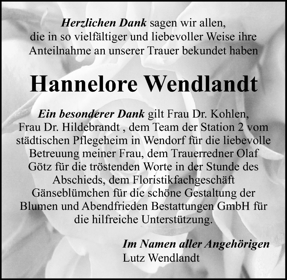  Traueranzeige für Hannelore Wendlandt vom 29.07.2023 aus Ostsee-Zeitung GmbH