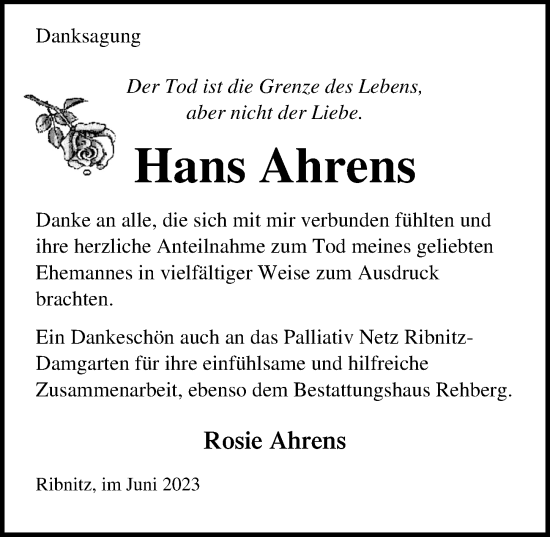 Traueranzeige von Hans Ahrens von Ostsee-Zeitung GmbH