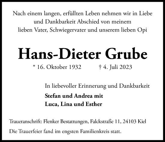 Traueranzeige von Hans-Dieter Grube von Kieler Nachrichten