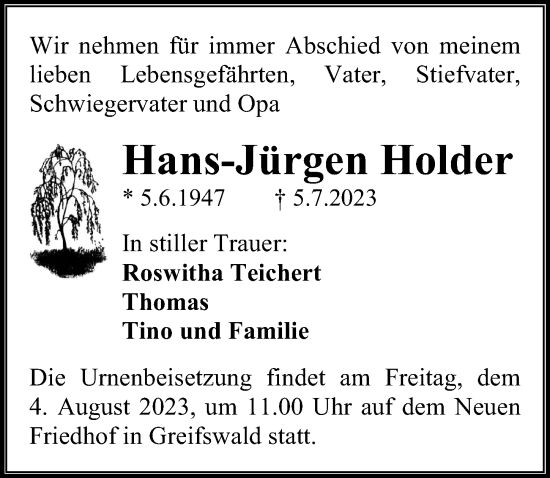 Traueranzeige von Hans-Jürgen Holder von Ostsee-Zeitung GmbH