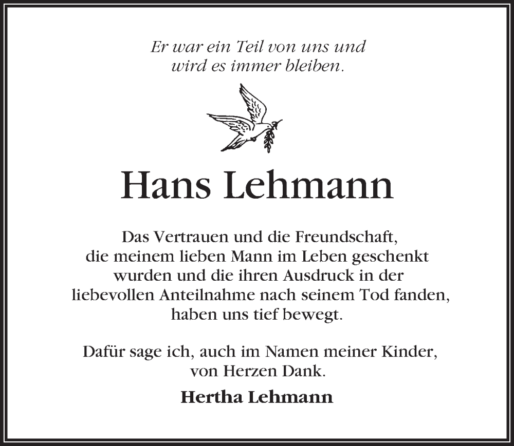  Traueranzeige für Hans Lehmann vom 08.07.2023 aus Märkischen Allgemeine Zeitung