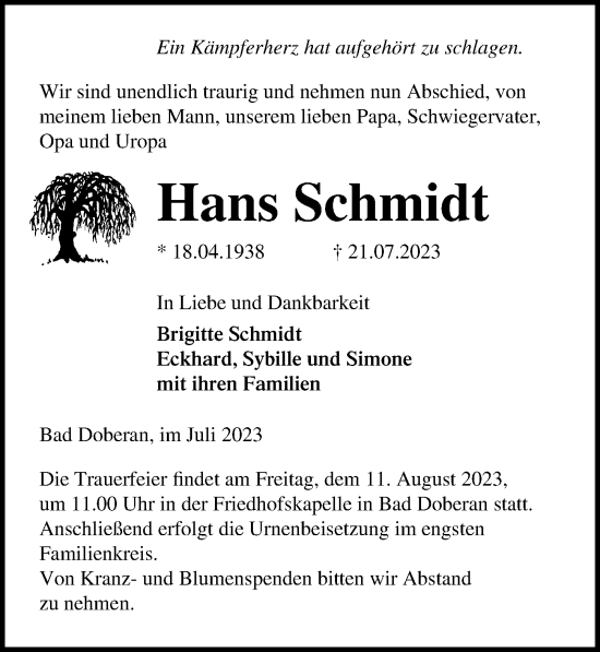 Traueranzeige von Hans Schmidt von Ostsee-Zeitung GmbH