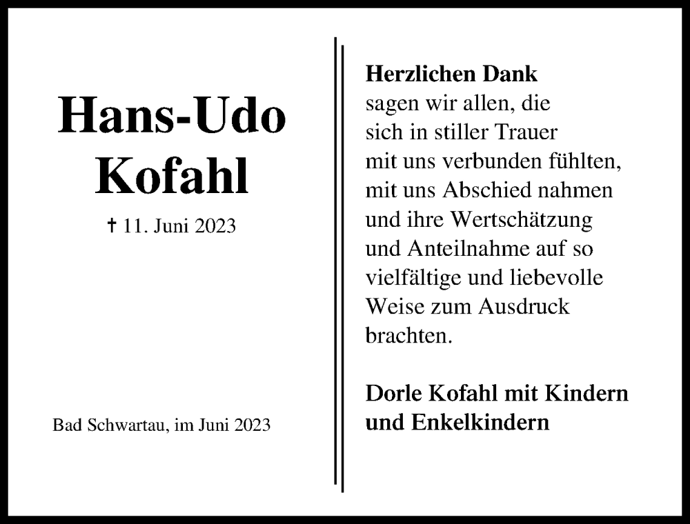  Traueranzeige für Hans-Udo Kofahl vom 02.07.2023 aus Lübecker Nachrichten