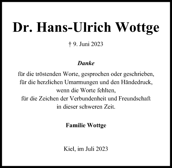 Traueranzeige von Hans-Ulrich Wottge von Kieler Nachrichten