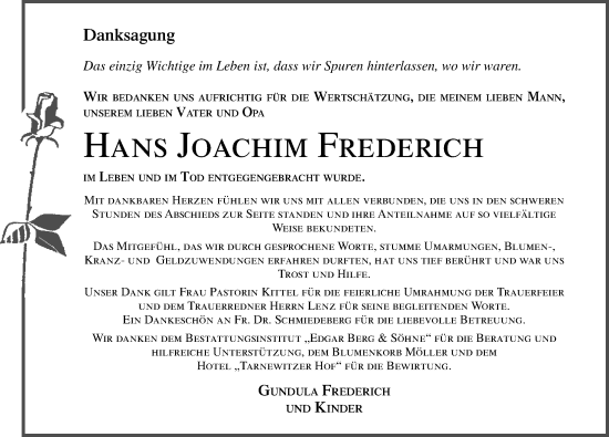 Traueranzeige von Hans Joachim Frederich von Ostsee-Zeitung GmbH
