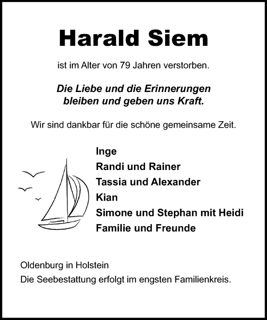 Traueranzeige von Harald Siem von Lübecker Nachrichten