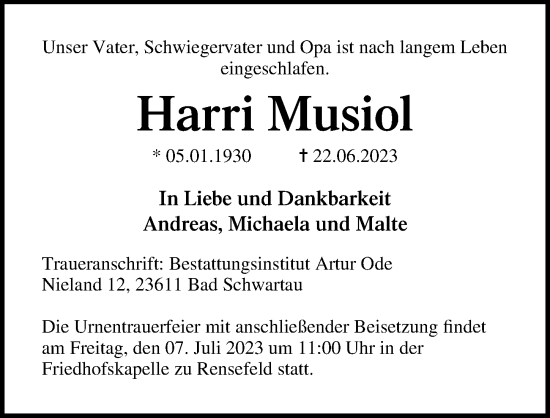 Traueranzeige von Harri Musiol von Lübecker Nachrichten