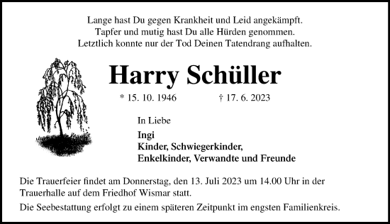 Traueranzeige von Harry Schüller von Ostsee-Zeitung GmbH
