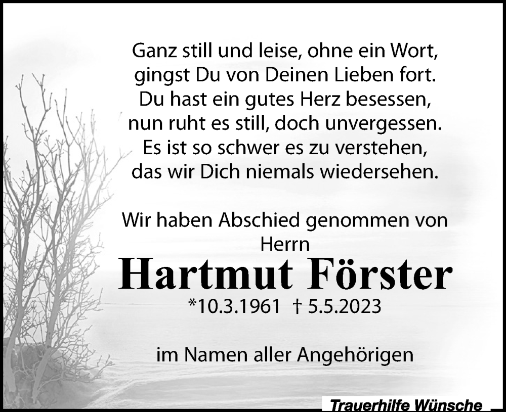 Traueranzeige für Hartmut Förster vom 08.07.2023 aus Leipziger Volkszeitung