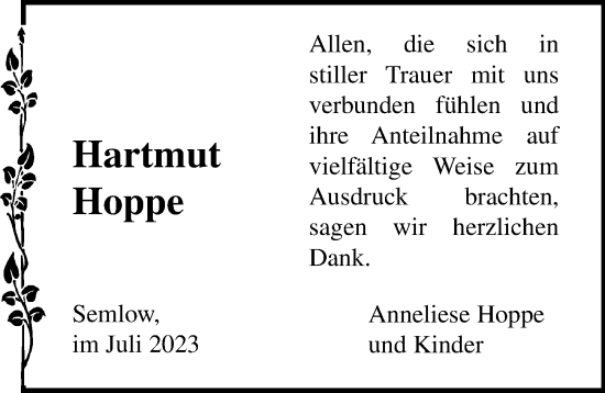 Traueranzeige von Hartmut Hoppe von Ostsee-Zeitung GmbH