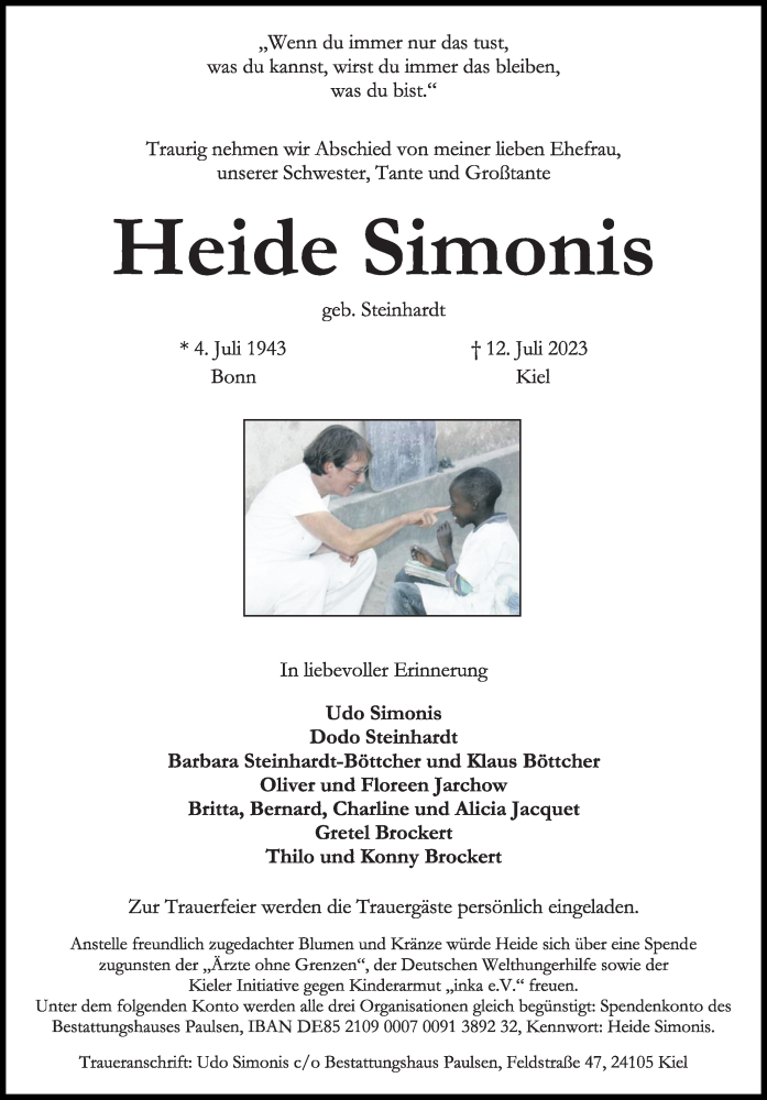  Traueranzeige für Heide Simonis vom 22.07.2023 aus Kieler Nachrichten