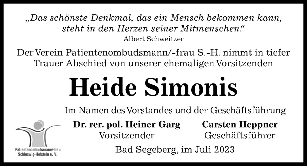  Traueranzeige für Heide Simonis vom 22.07.2023 aus Kieler Nachrichten