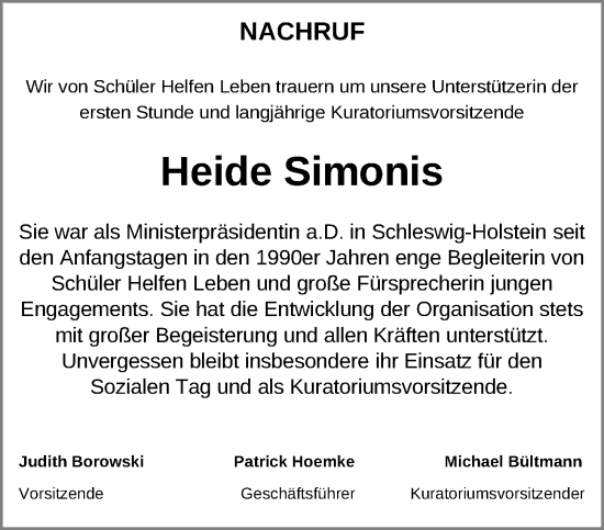 Traueranzeige von Heide Simonis von Kieler Nachrichten