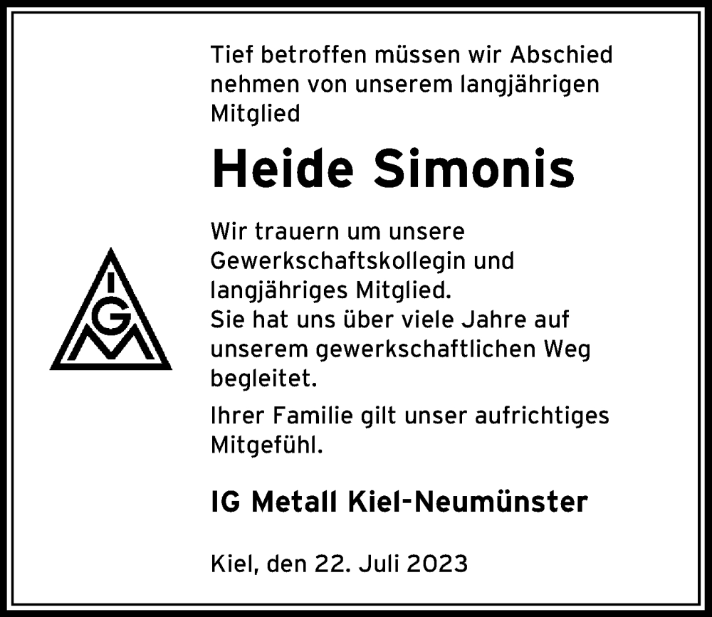  Traueranzeige für Heide Simonis vom 22.07.2023 aus Kieler Nachrichten