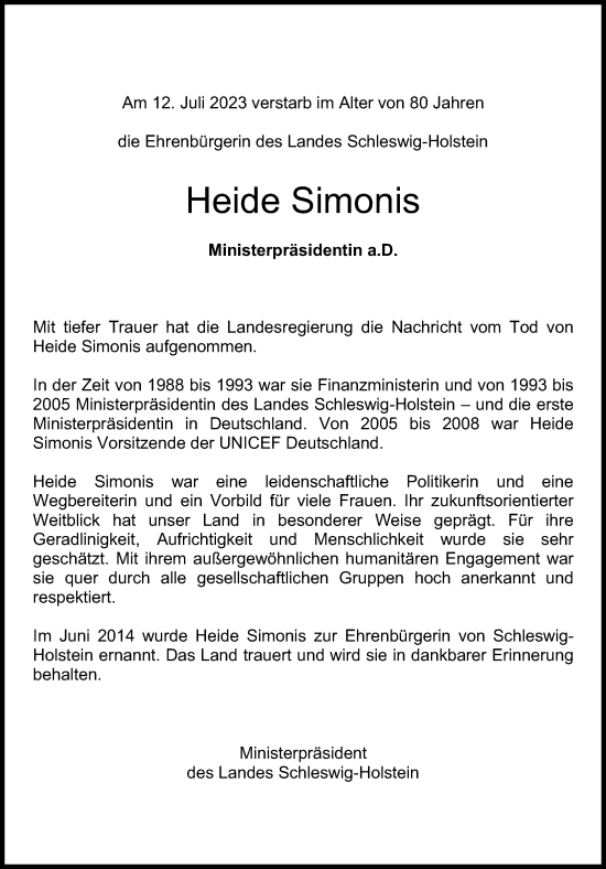 Traueranzeige von Heide Simonis von Kieler Nachrichten