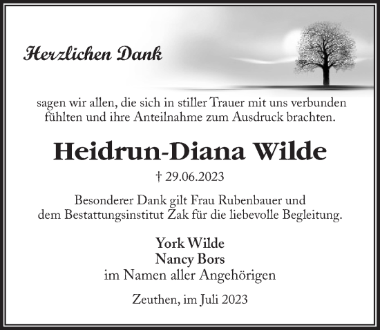 Traueranzeige von Heidrun-Diana Wilde von Märkischen Allgemeine Zeitung