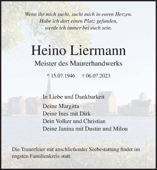 Traueranzeige von Heino Liermann von Ostsee-Zeitung GmbH