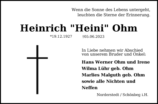Traueranzeige von Heinrich  Ohm von Kieler Nachrichten