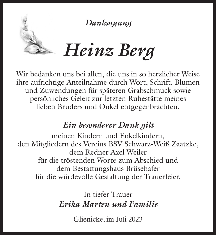  Traueranzeige für Heinz Berg vom 15.07.2023 aus Märkischen Allgemeine Zeitung