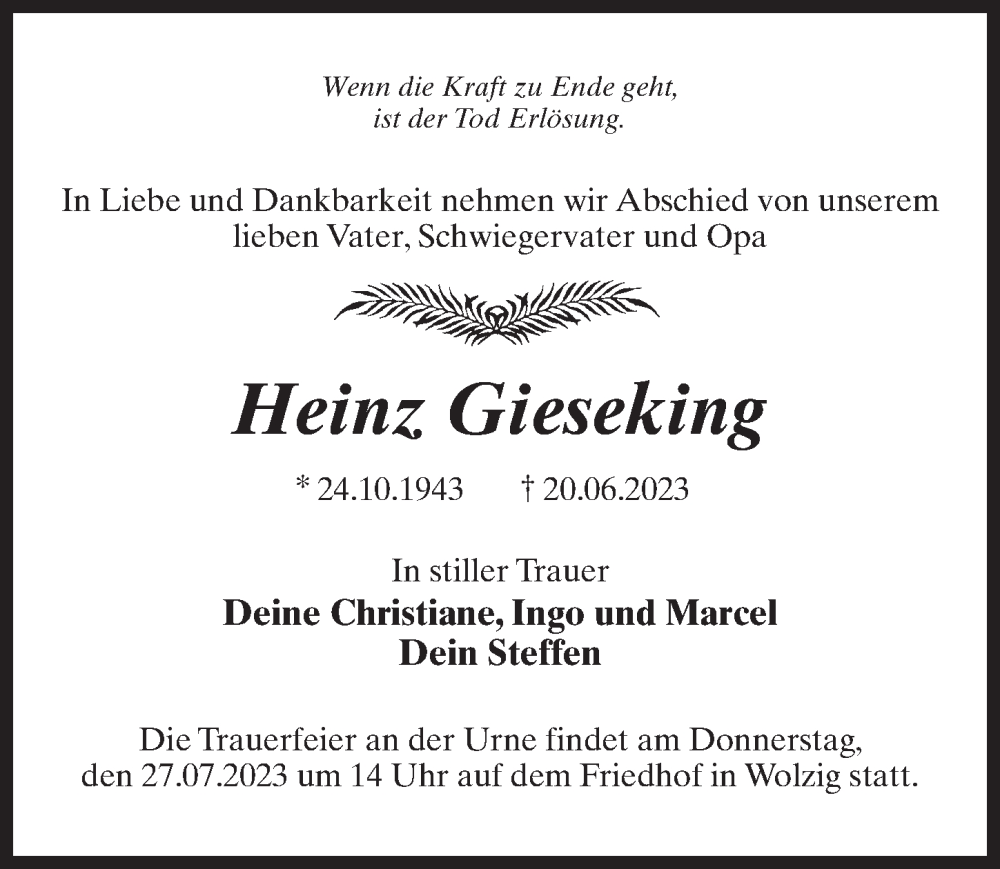  Traueranzeige für Heinz Gieseking vom 08.07.2023 aus Märkischen Allgemeine Zeitung