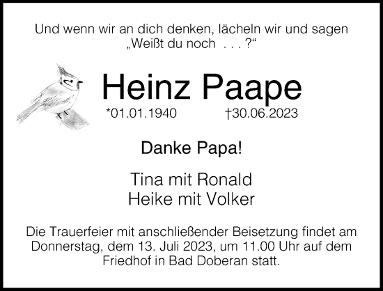 Traueranzeige von Heinz Paape von Ostsee-Zeitung GmbH