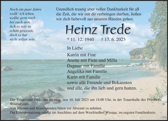 Traueranzeige von Heinz Trede von Ostsee-Zeitung GmbH