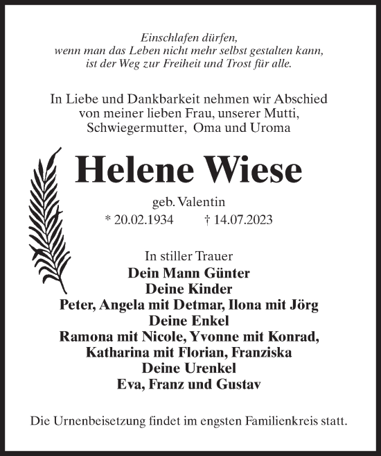 Traueranzeige von Helene Wiese von Märkischen Allgemeine Zeitung