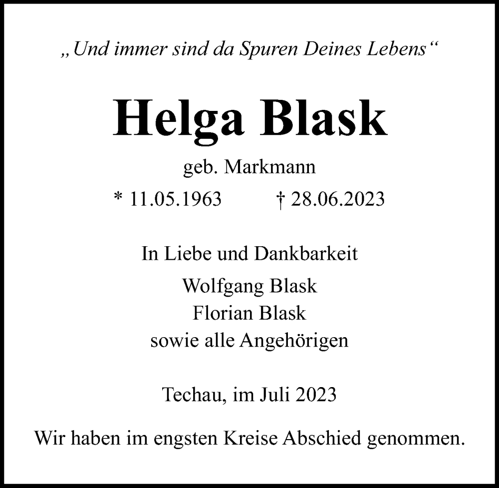  Traueranzeige für Helga Blask vom 23.07.2023 aus Lübecker Nachrichten