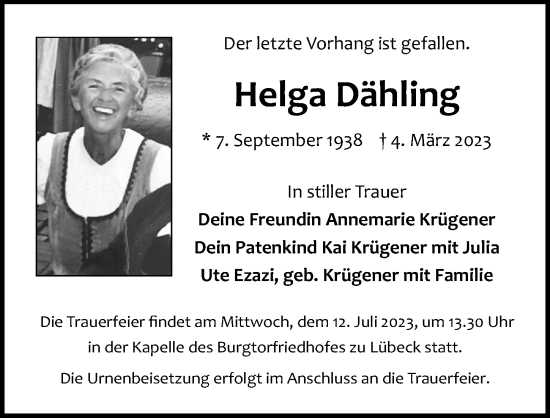 Traueranzeige von Helga Dähling von Lübecker Nachrichten
