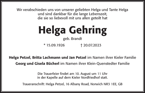 Traueranzeige von Helga Gehring von Kieler Nachrichten