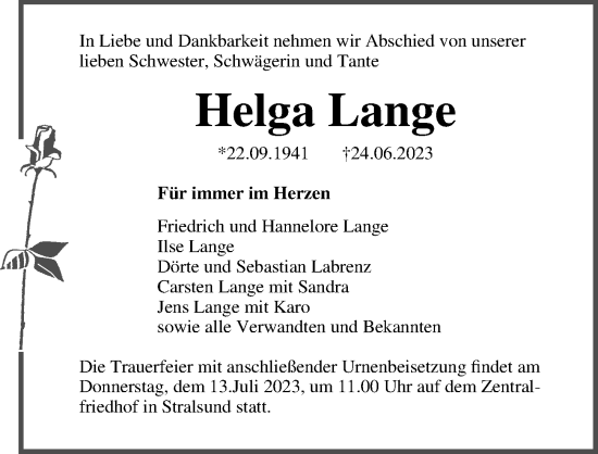 Traueranzeige von Helga Lange