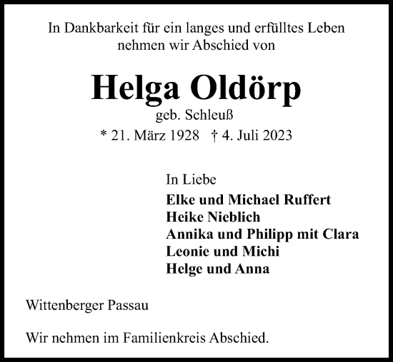 Traueranzeige von Helga Oldörp von Lübecker Nachrichten