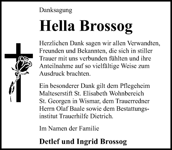 Traueranzeige von Hella Brossog von Ostsee-Zeitung GmbH