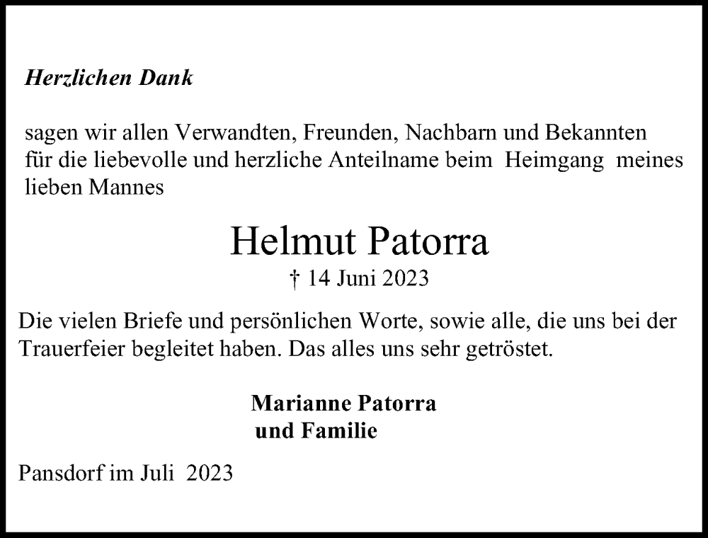 Traueranzeige für Helmut Patorra vom 02.07.2023 aus Lübecker Nachrichten