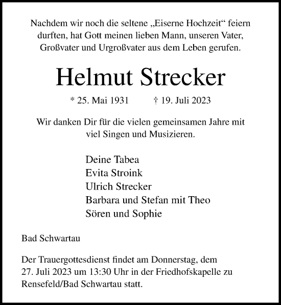 Traueranzeige von Helmut Strecker von Lübecker Nachrichten
