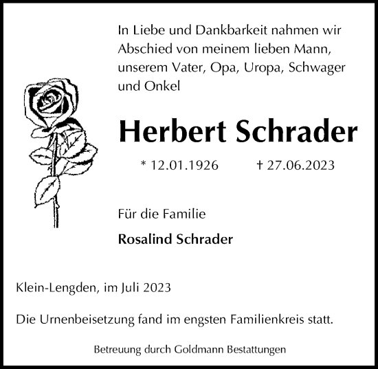 Traueranzeige von Herbert Schrader von Göttinger Tageblatt