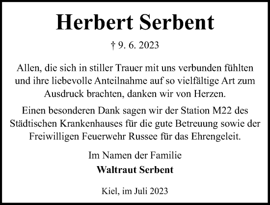 Traueranzeige von Herbert Serbent von Kieler Nachrichten