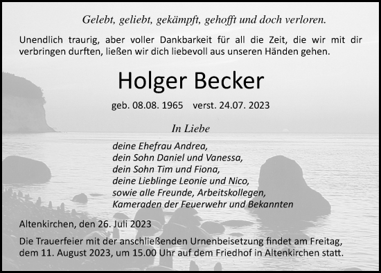 Traueranzeige von Holger Becker von Ostsee-Zeitung GmbH